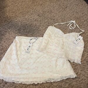 Garage White and Pink Lace Tie Back Top and Mini Skirt